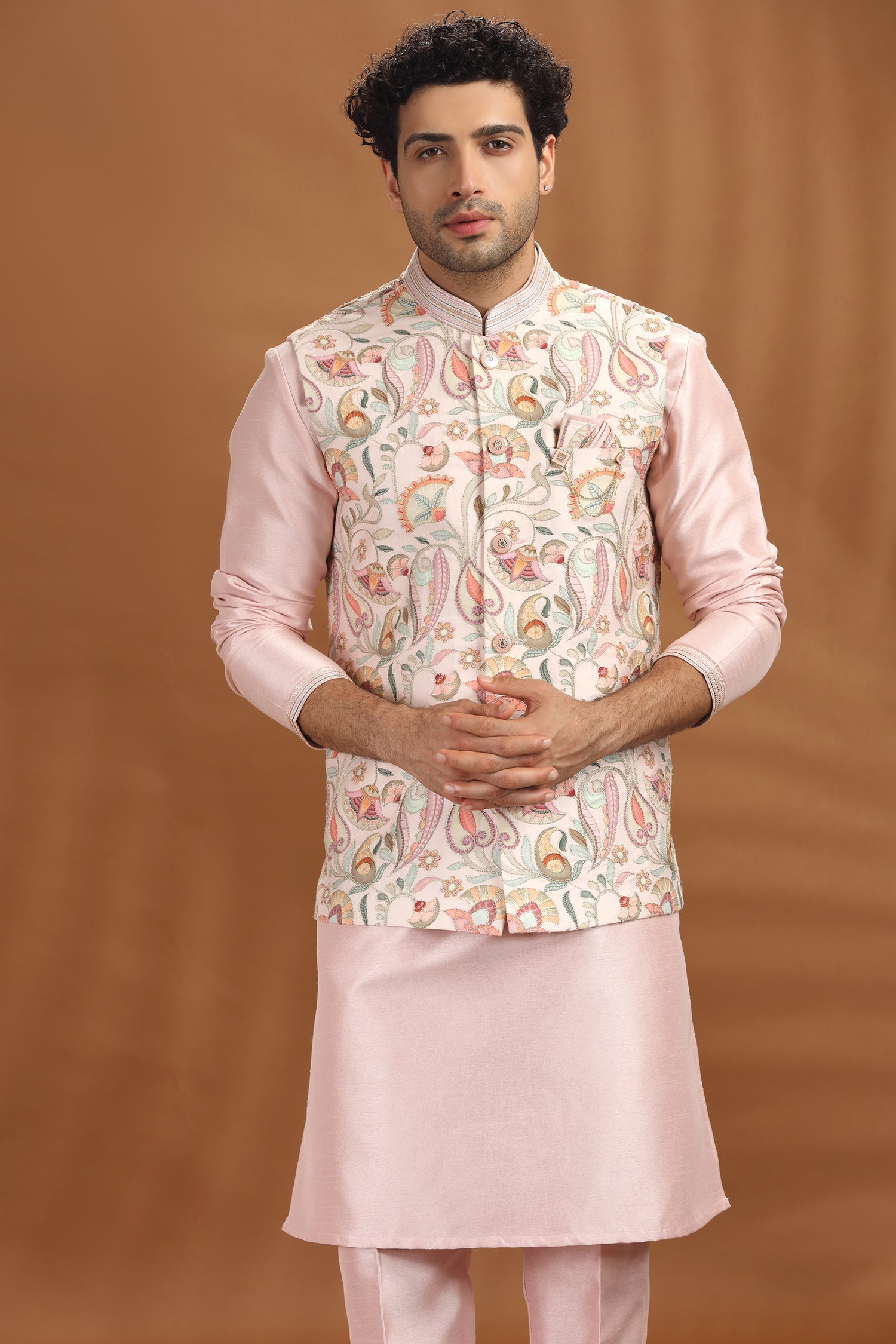 Pink Silk Printed Kurta Pajama with Jacket