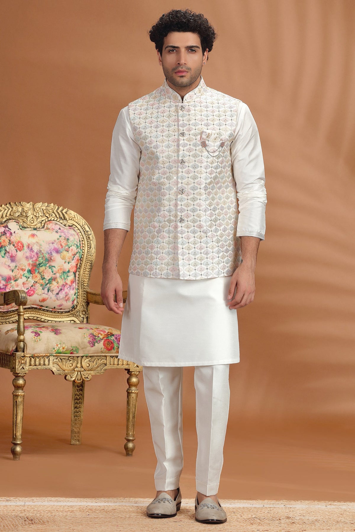 Off White Silk Embroidered Sequin Kurta Pajama with Jacket