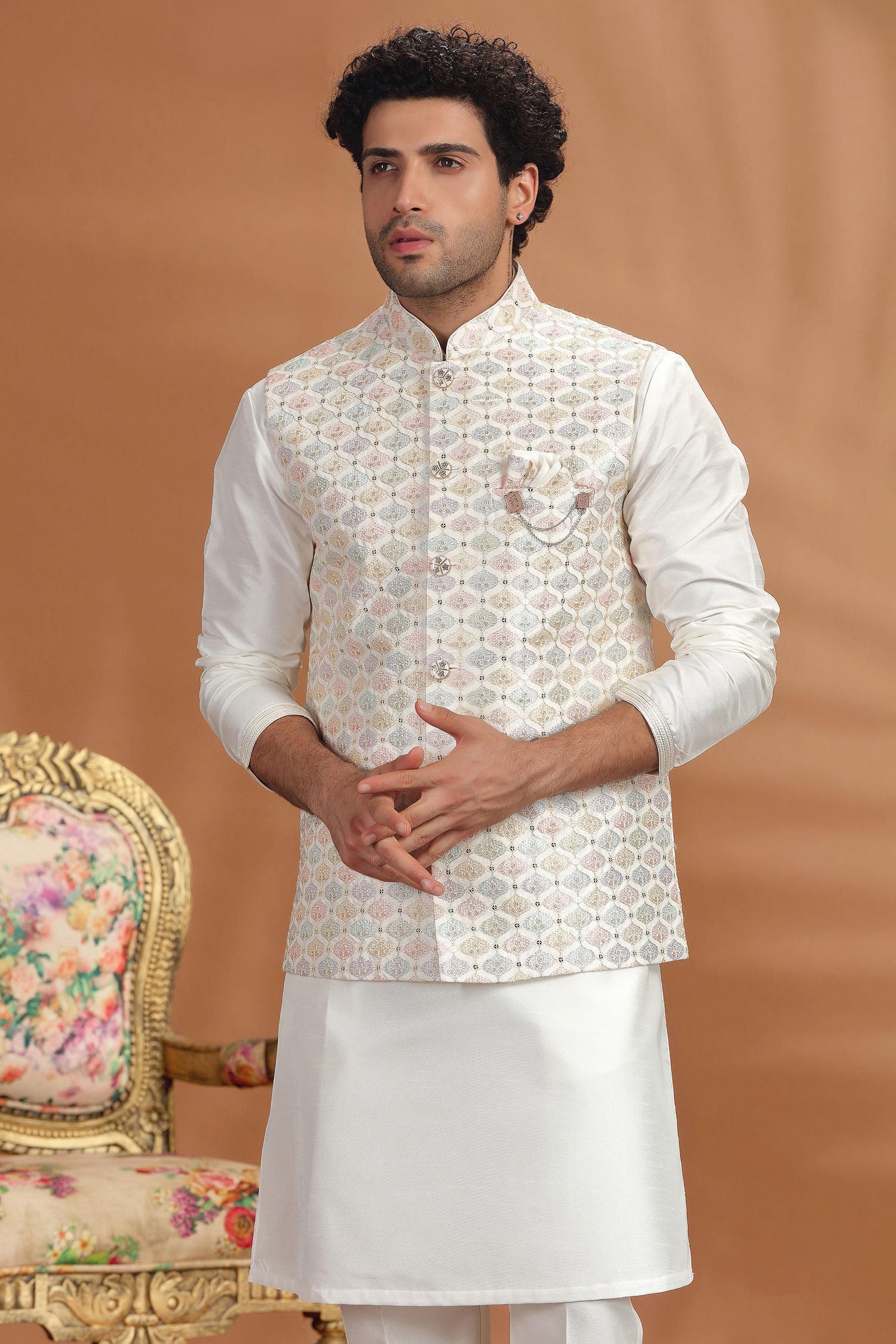 Off White Silk Embroidered Sequin Kurta Pajama with Jacket