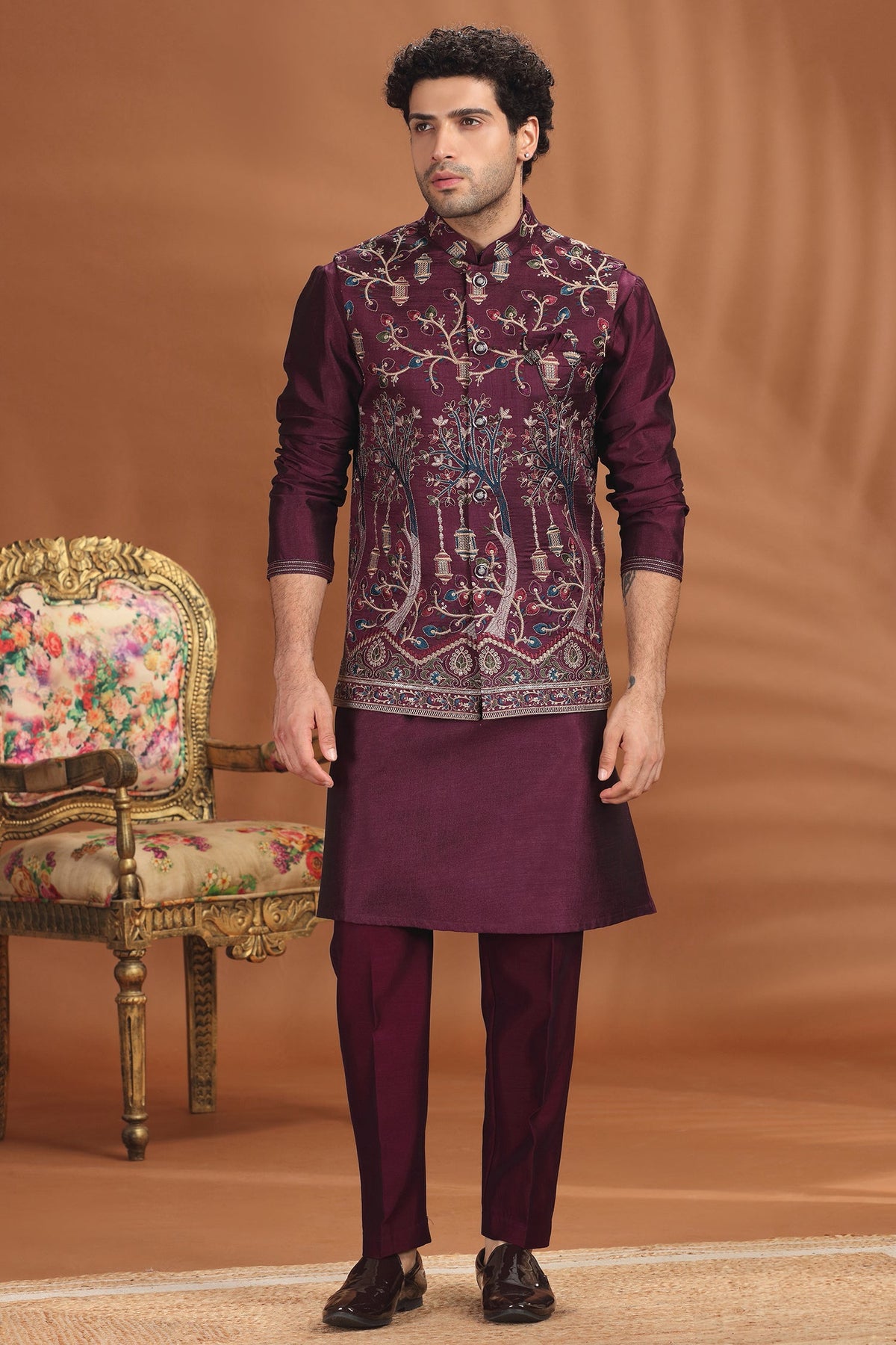 Purple Silk Embroidered Kurta Pajama with Jacket
