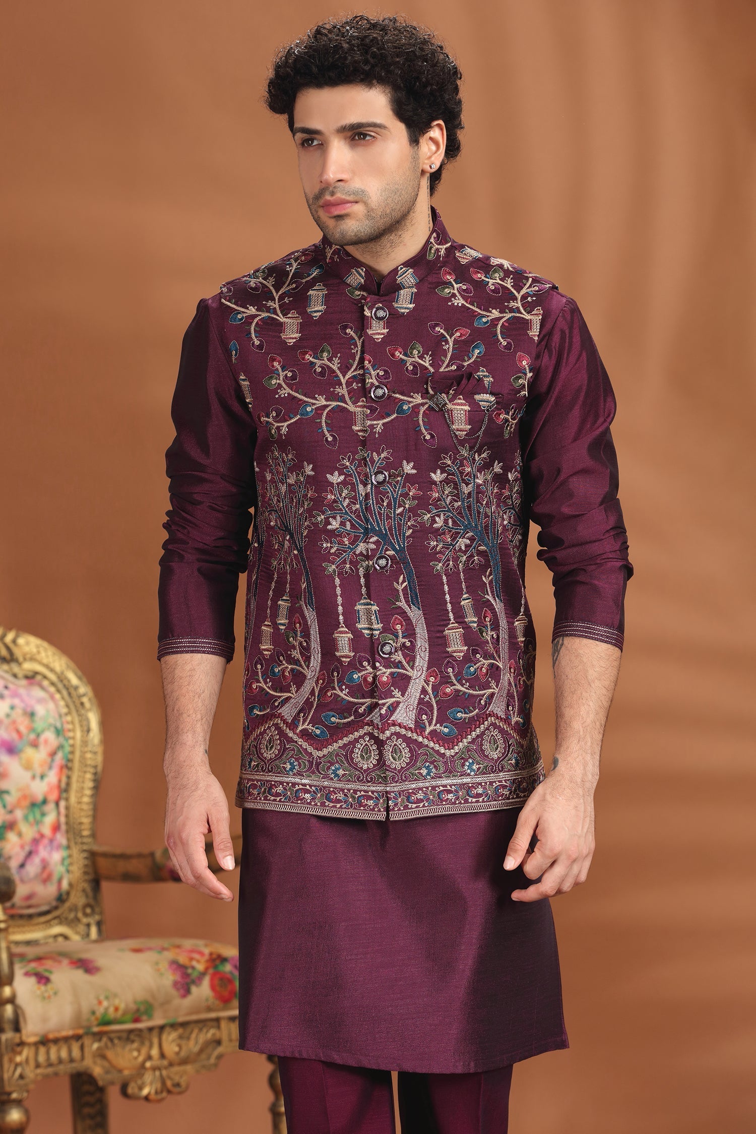 Purple Silk Embroidered Kurta Pajama with Jacket