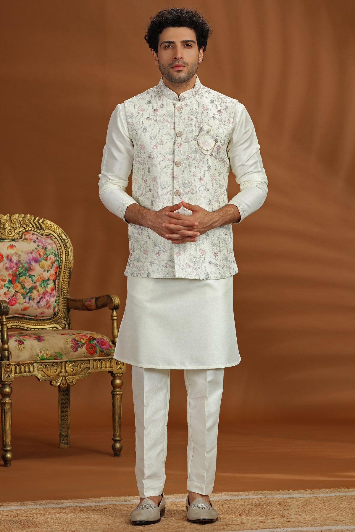 Cream Silk Kurta Pajama with Embroidered Jacket