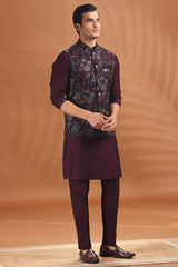 Wine Purple Silk Floral Embroidered Kurta Pajama with Jacket