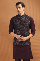 Wine Purple Silk Floral Embroidered Kurta Pajama with Jacket