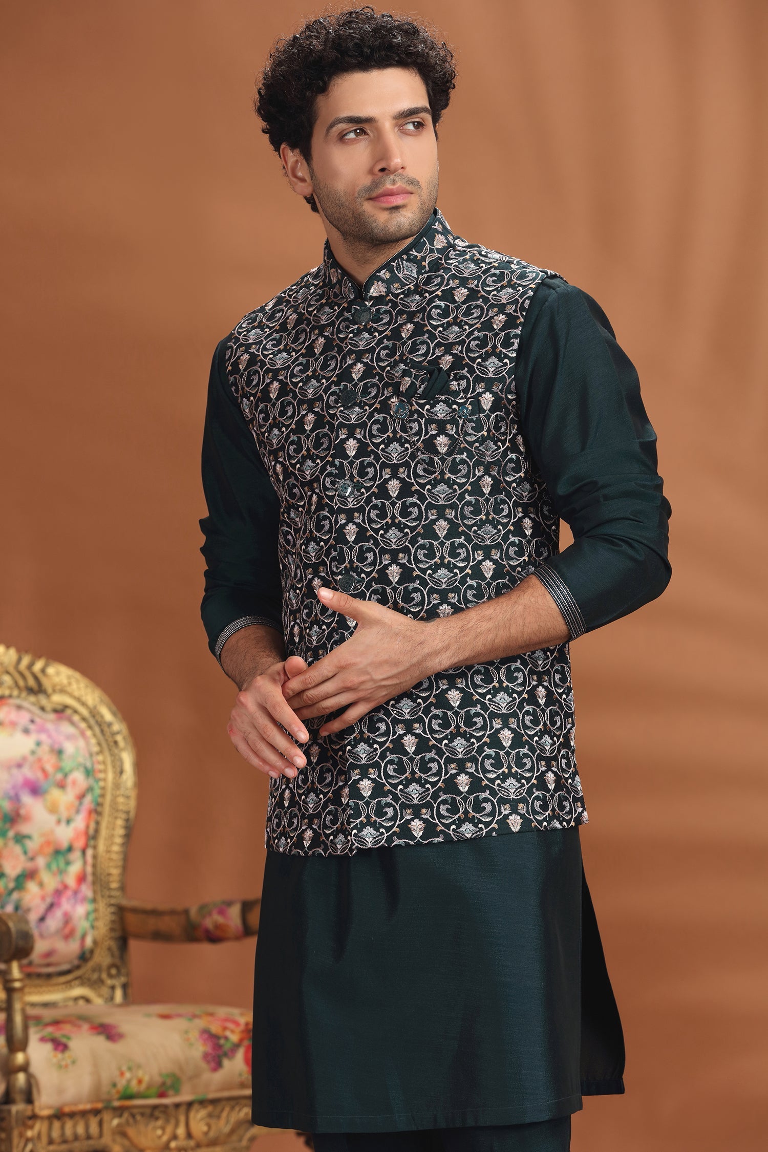 Bottle Green Silk Embroidered Kurta Pajama with Jacket
