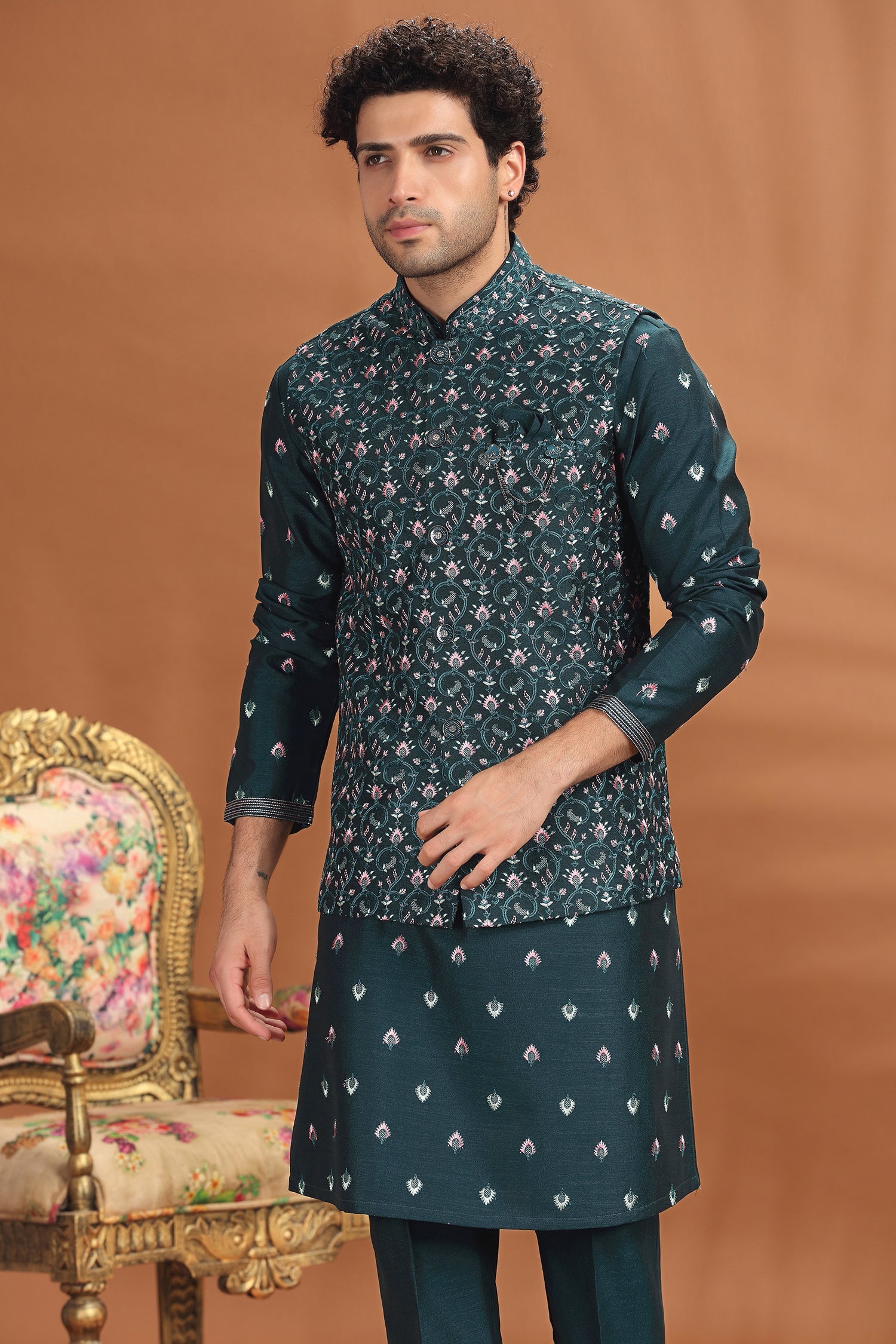 Teal Green Silk Jacket Kurta Pajama Set with Embroidery