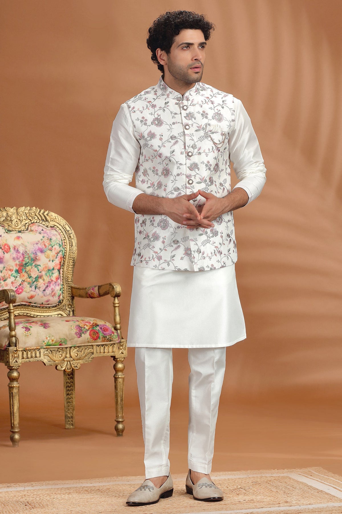 Cream Silk Kurta Pajama with Embroidery Jacket