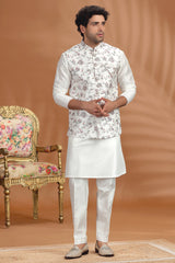 Cream Silk Kurta Pajama with Embroidery Jacket