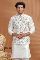 Cream Silk Kurta Pajama with Embroidery Jacket