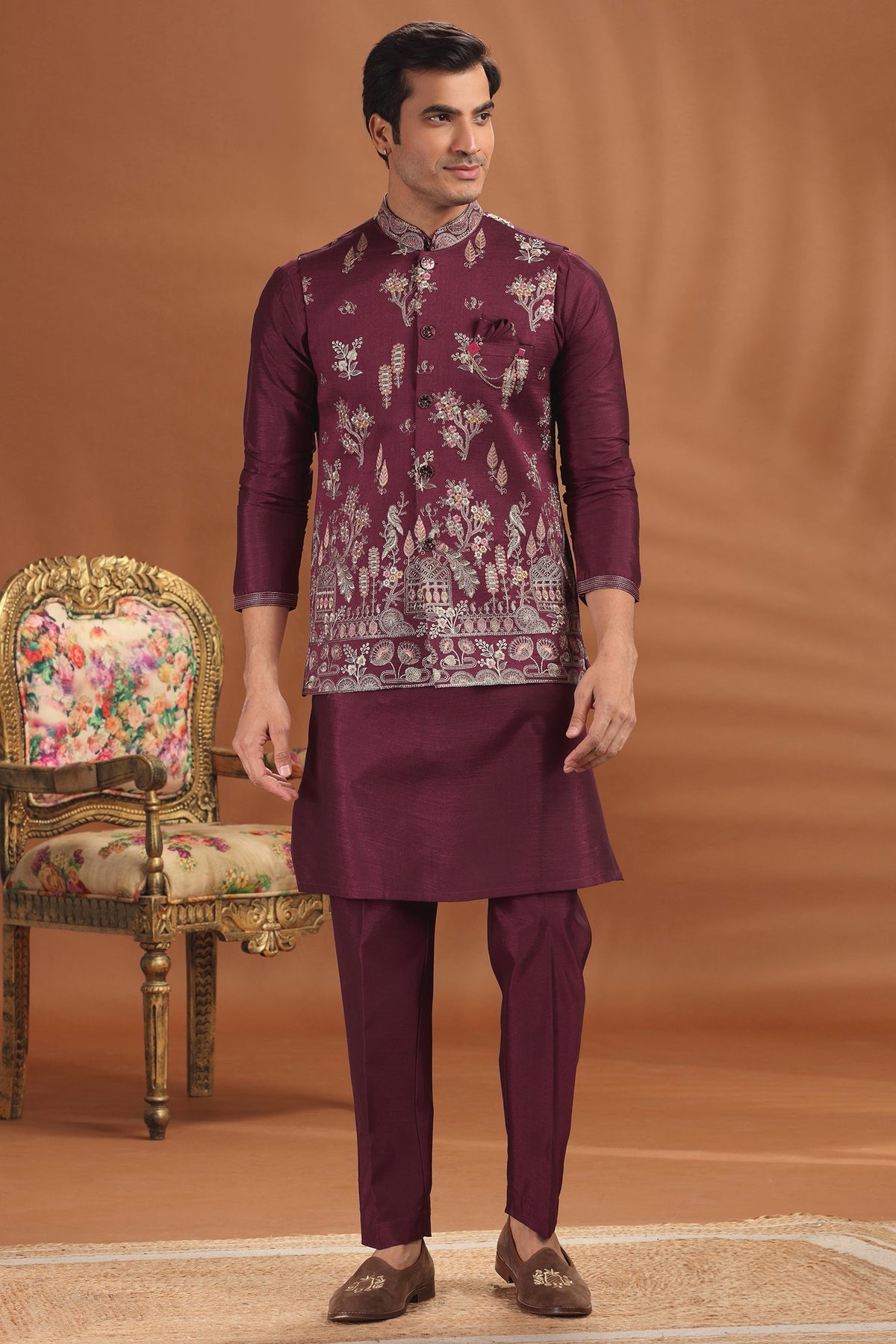 Purple Silk Sequin Embroidered Kurta Pajama with Jacket