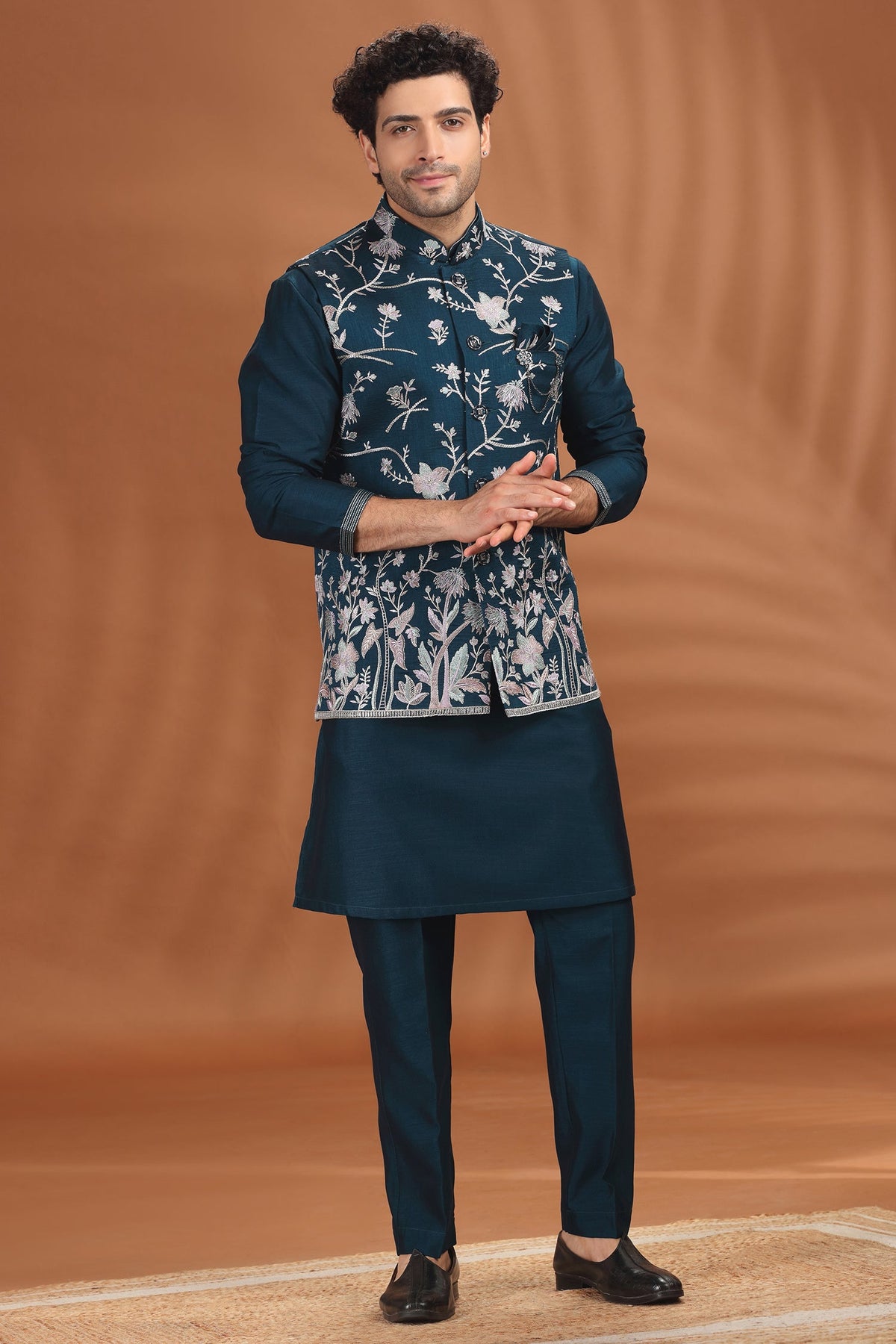 Rama Blue Silk Floral Embroidered Kurta Pajama with Jacket