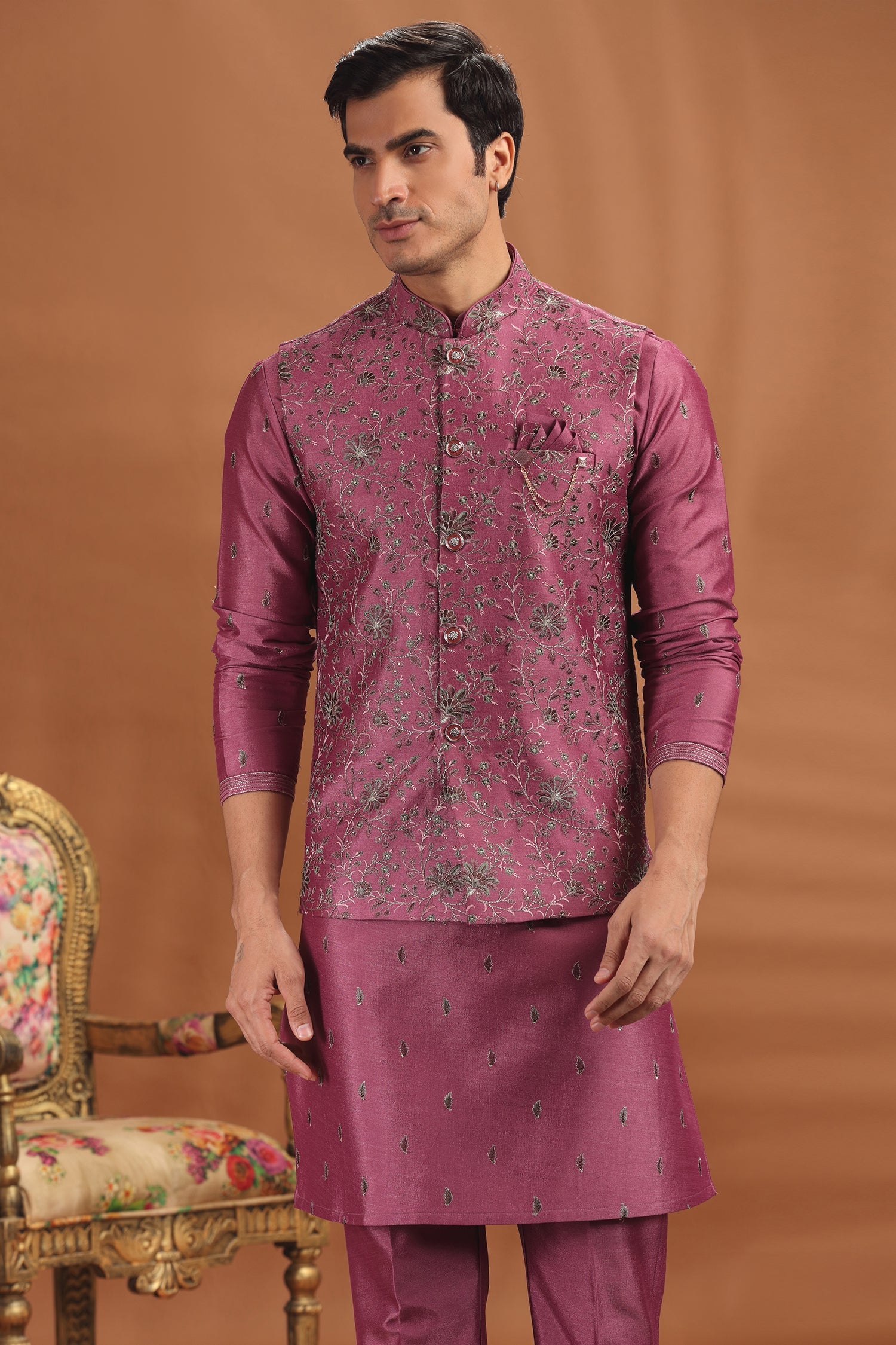 Dark Onion Pink Silk Kurta Pajama with Floral Embroidery Jacket