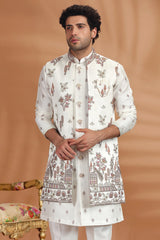 Pearl White Embroidered Jacket Indo Western Set