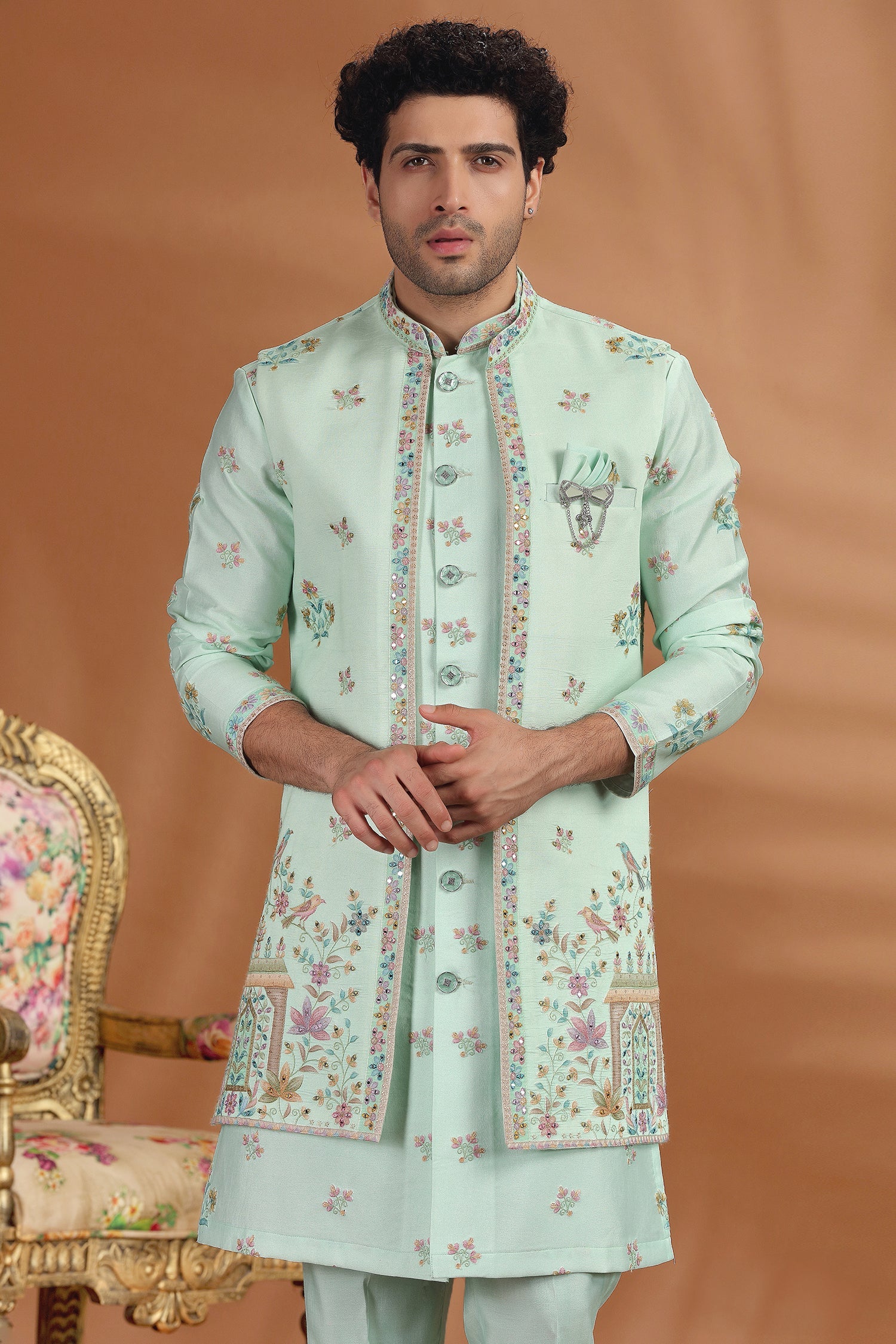 Sea Green Silk Mirror and Floral Printed Jacket Indo Western Set