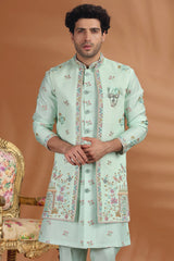 Sea Green Silk Mirror and Floral Printed Jacket Indo Western Set