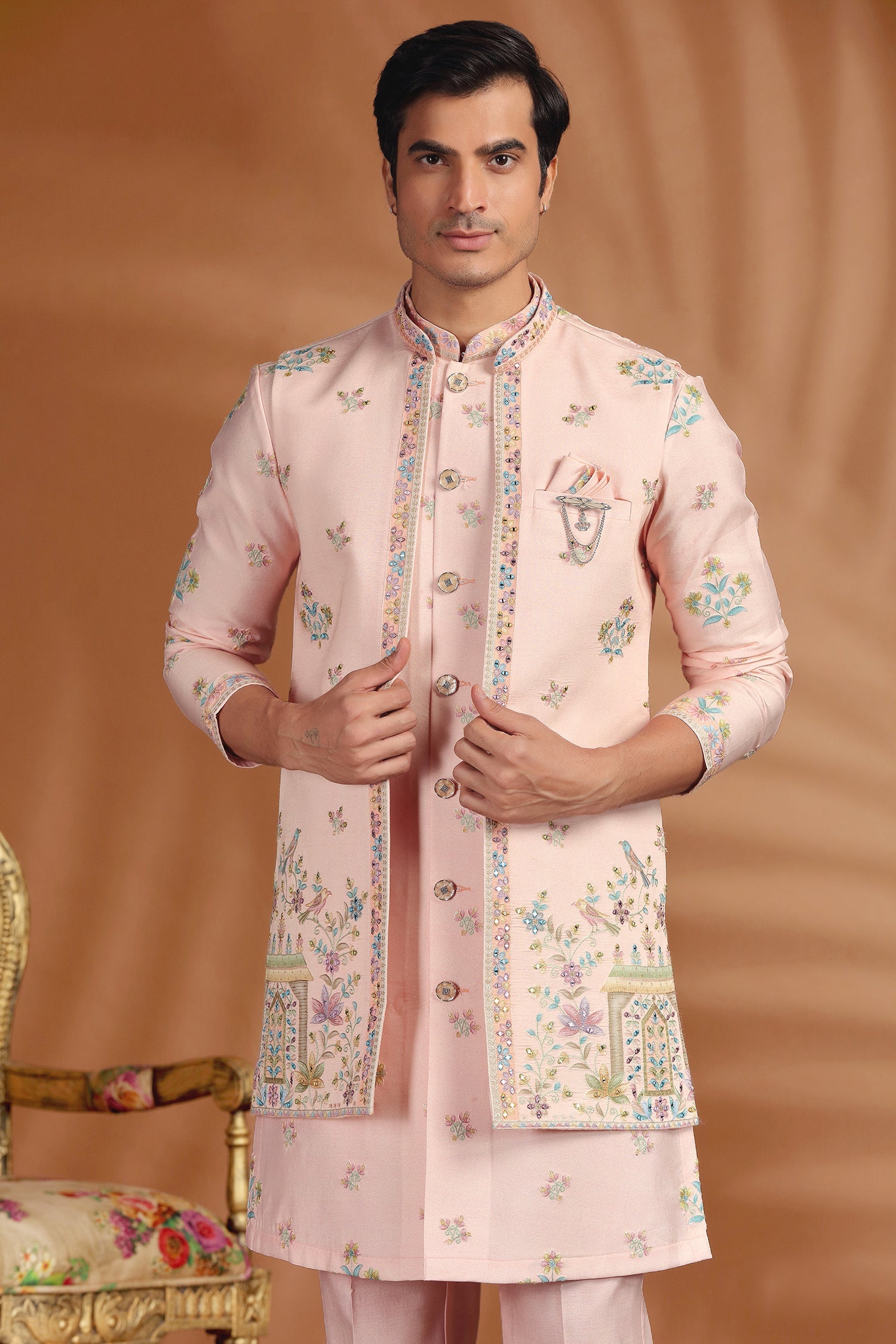 Pink Silk Mirror and Floral Printed Jacket Indo Western Set