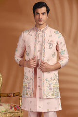 Pink Silk Mirror and Floral Printed Jacket Indo Western Set