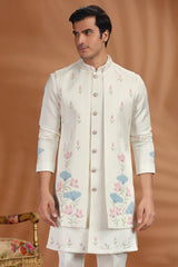 Off White Silk Floral Printed and Cutdana Worked Jacket Indo Western Set