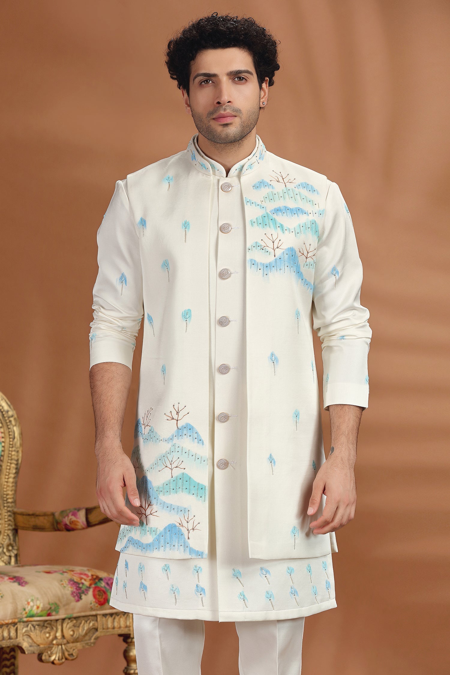 Off White Silk Printed Jacket Indo Western Set