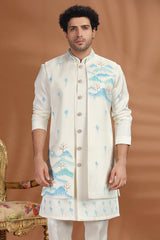 Off White Silk Printed Jacket Indo Western Set