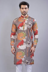 Grey Silk Floral Printed Kurta Pajama - grey silk saree
