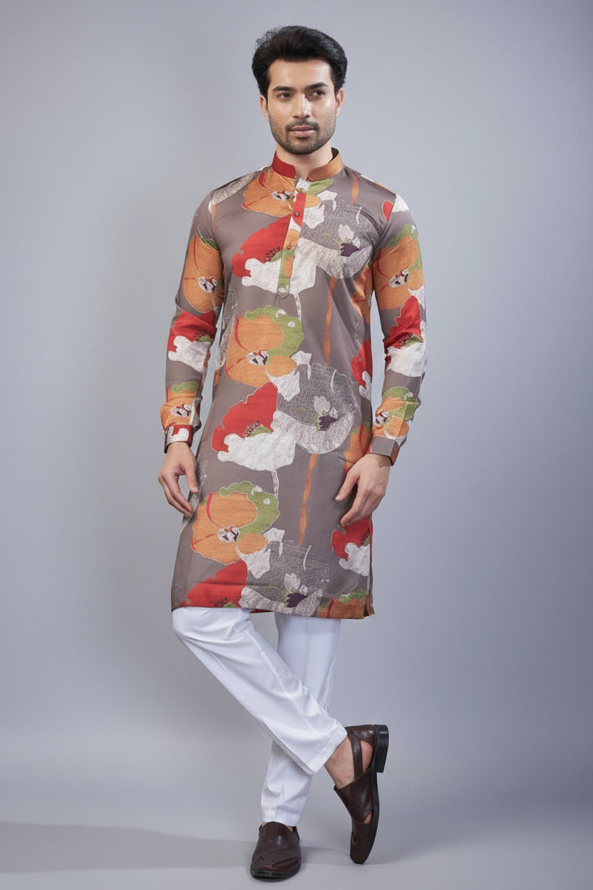Grey Silk Floral Printed Kurta Pajama - grey silk saree