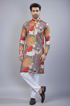 Grey Silk Floral Printed Kurta Pajama - grey silk saree