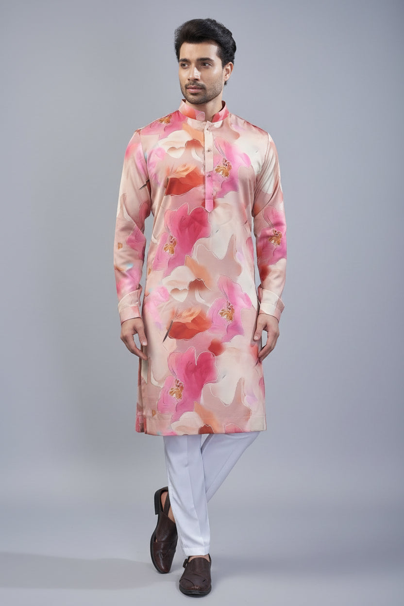 Pink Silk Floral Printed Kurta Pajama - pink silk saree Main image