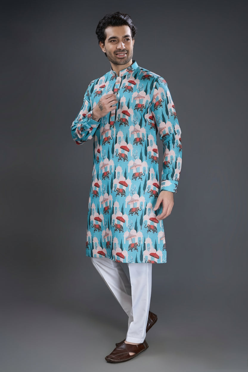 Blue Silk Elephant Motif Print Kurta Pajama - blue silk saree