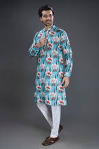 Blue Silk Elephant Motif Print Kurta Pajama - blue silk saree