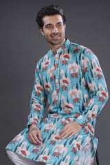 Blue Silk Elephant Motif Print Kurta Pajama - blue silk saree