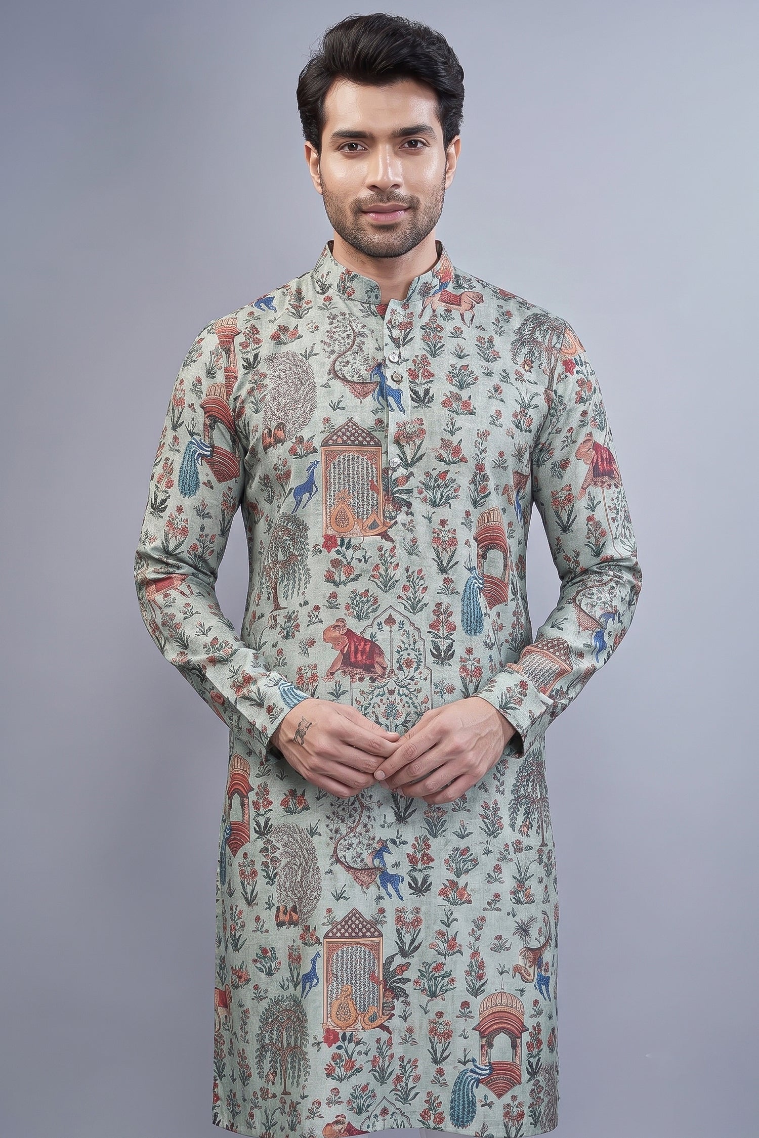 Sea Green Cotton Animal Motif Print Kurta Pajama Secondary image
