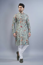 Sea Green Cotton Animal Motif Print Kurta Pajama - green cotton saree