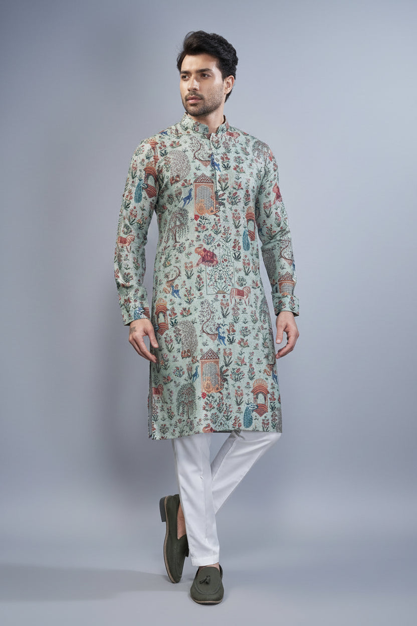 Sea Green Cotton Animal Motif Print Kurta Pajama - green cotton saree