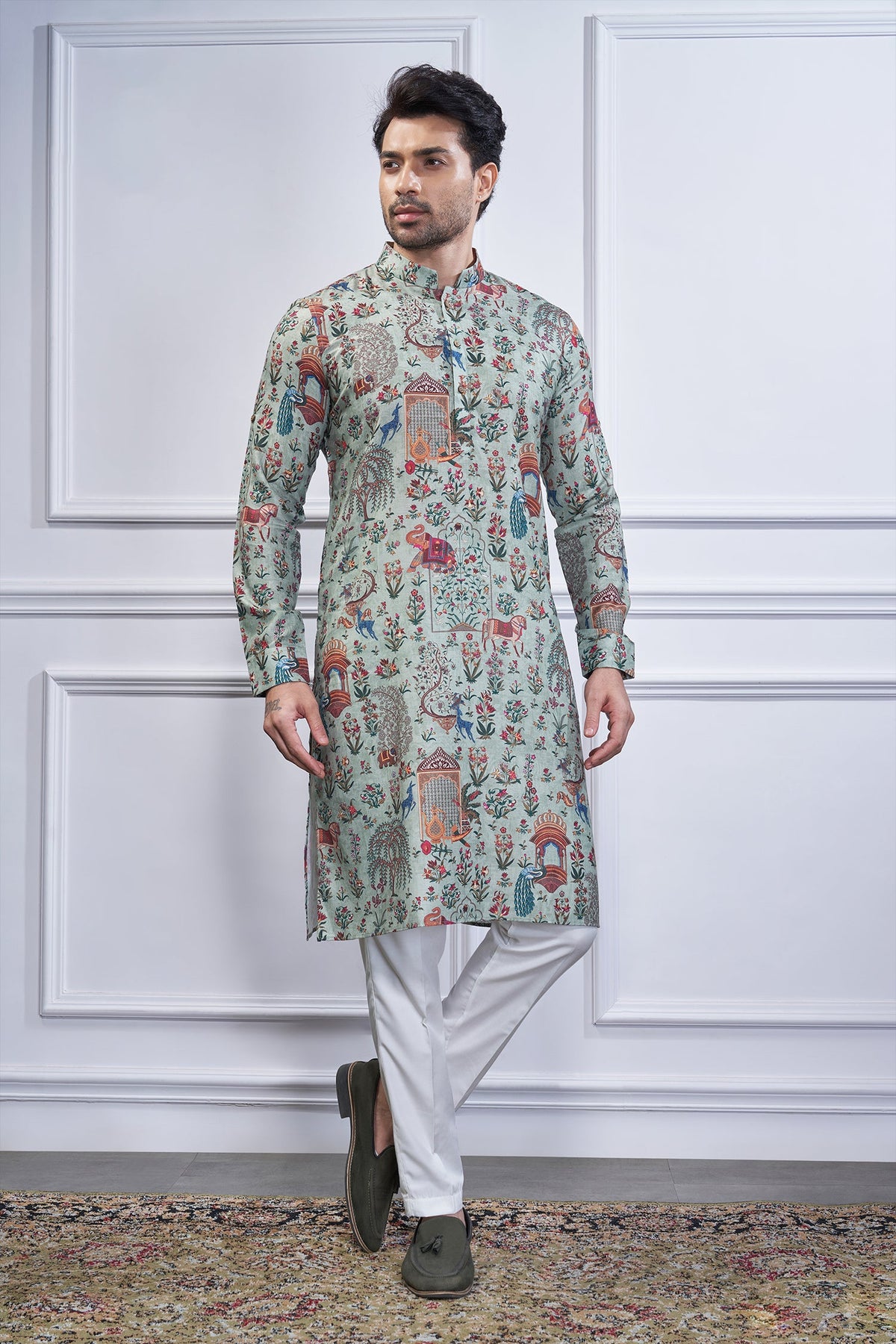 Sea Green Cotton Animal Motif Print Kurta Pajama