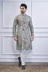 Sea Green Cotton Animal Motif Print Kurta Pajama