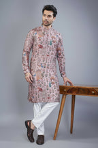 Pink Cotton Animal Motif Print Kurta Pajama - pink cotton saree