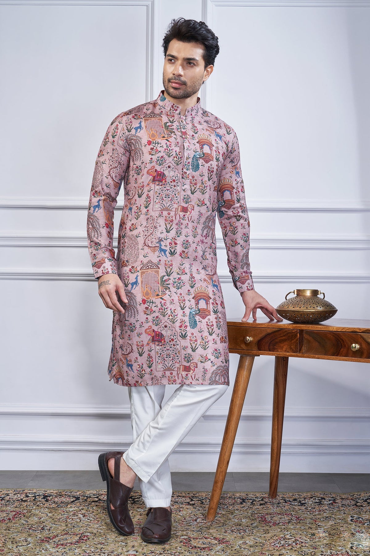 Pink Cotton Animal Motif Print Kurta Pajama