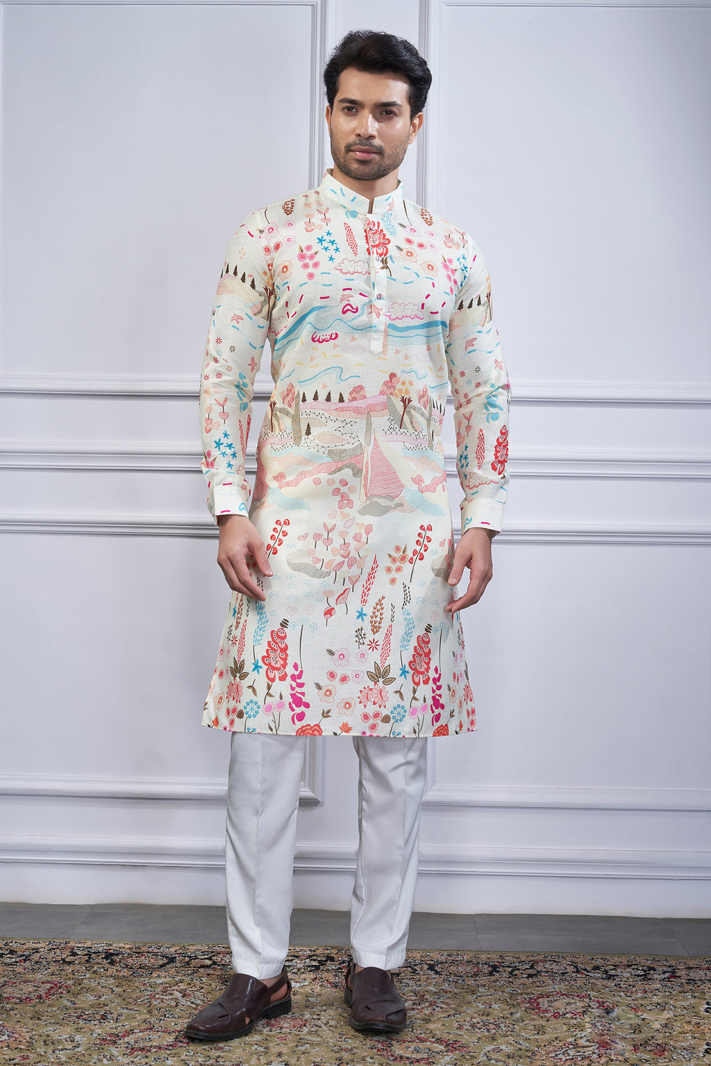 Off White Cotton Linen Printed Kurta Pajama - white cotton saree