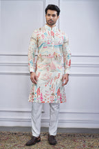 Off White Cotton Linen Printed Kurta Pajama - white cotton saree