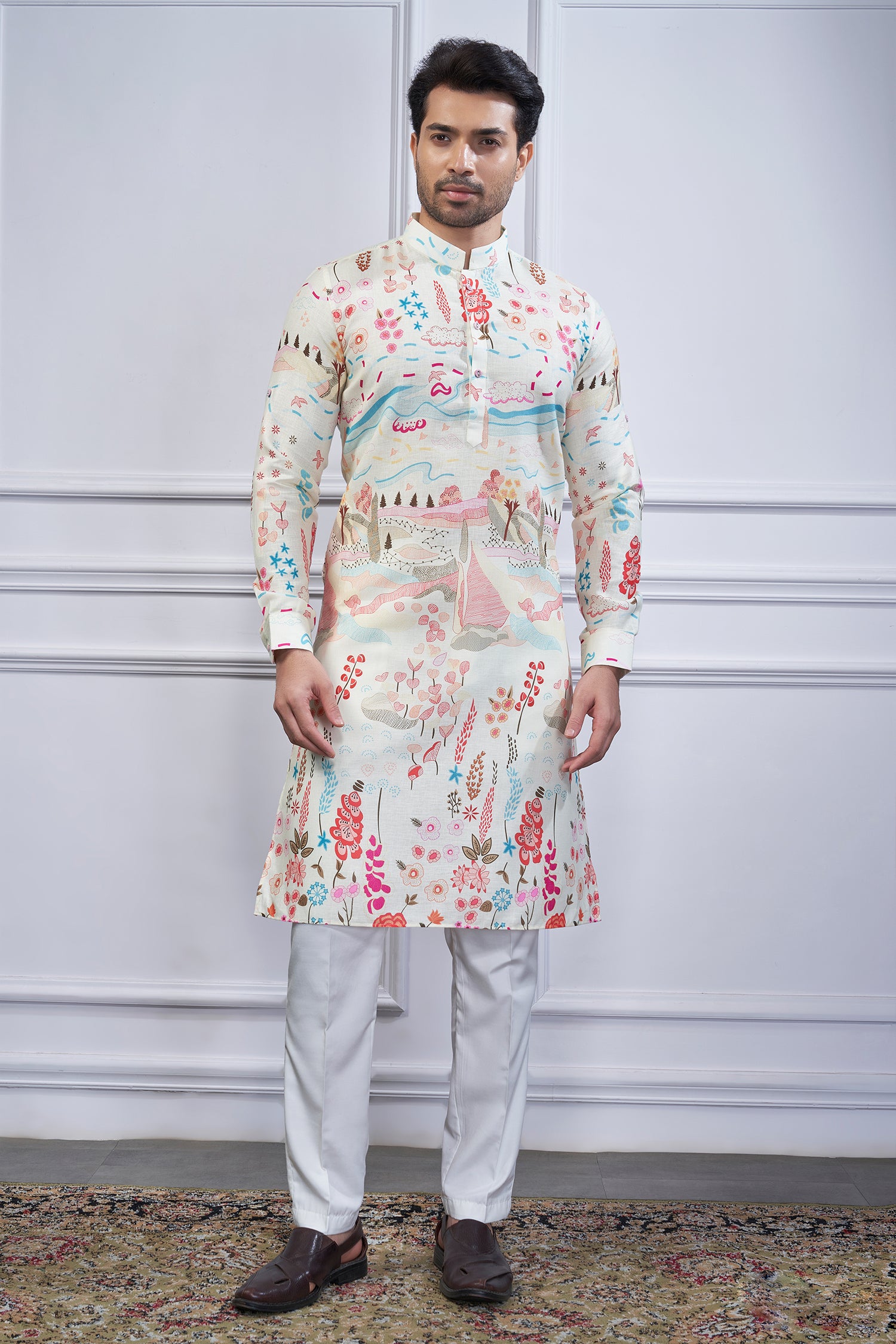 Off White Cotton Linen Printed Kurta Pajama - white cotton saree