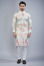 Off White Cotton Linen Printed Kurta Pajama - white cotton saree