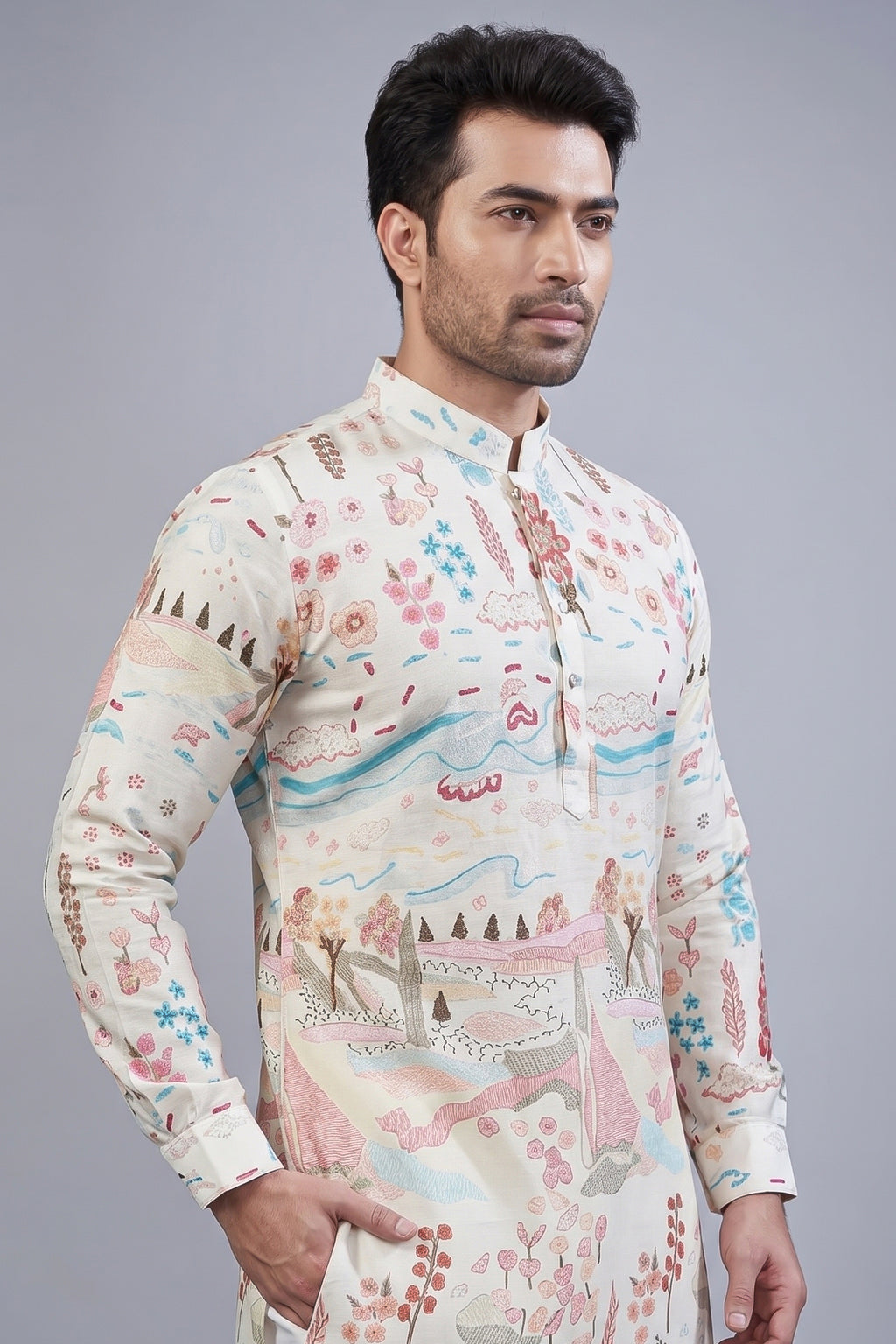 Off White Cotton Linen Printed Kurta Pajama - white cotton saree