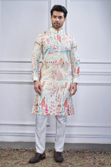 Off White Cotton Linen Printed Kurta Pajama - white cotton saree