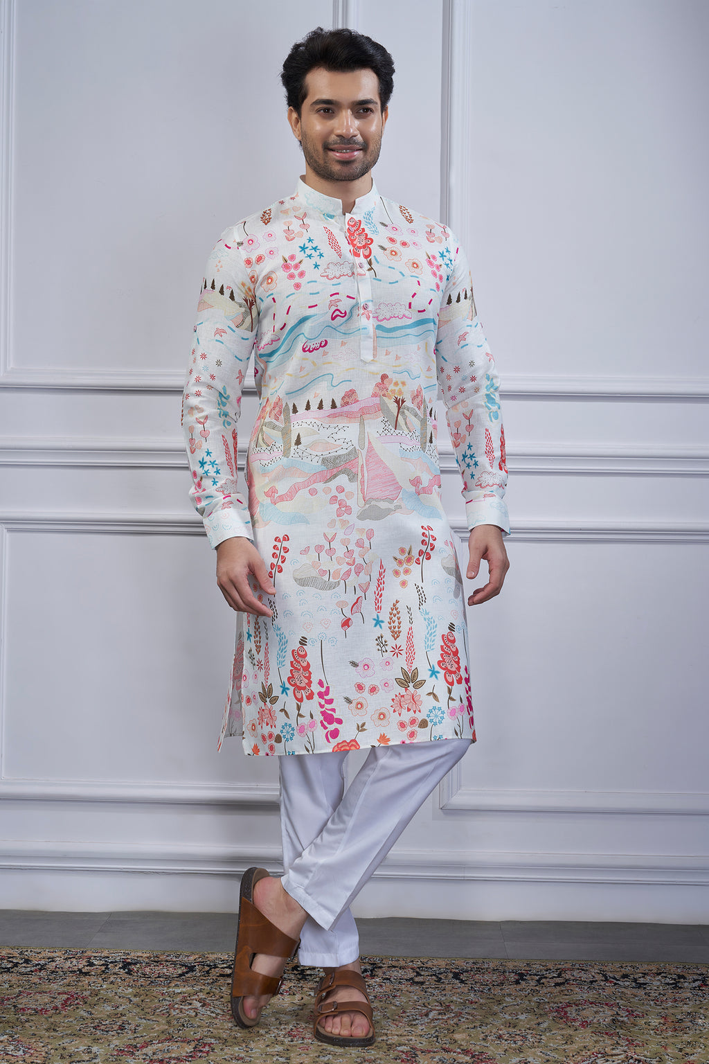 Pearl White Cotton Printed Kurta Pajama - white cotton saree