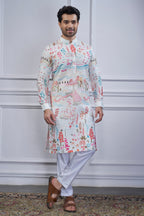Pearl White Cotton Printed Kurta Pajama - white cotton saree