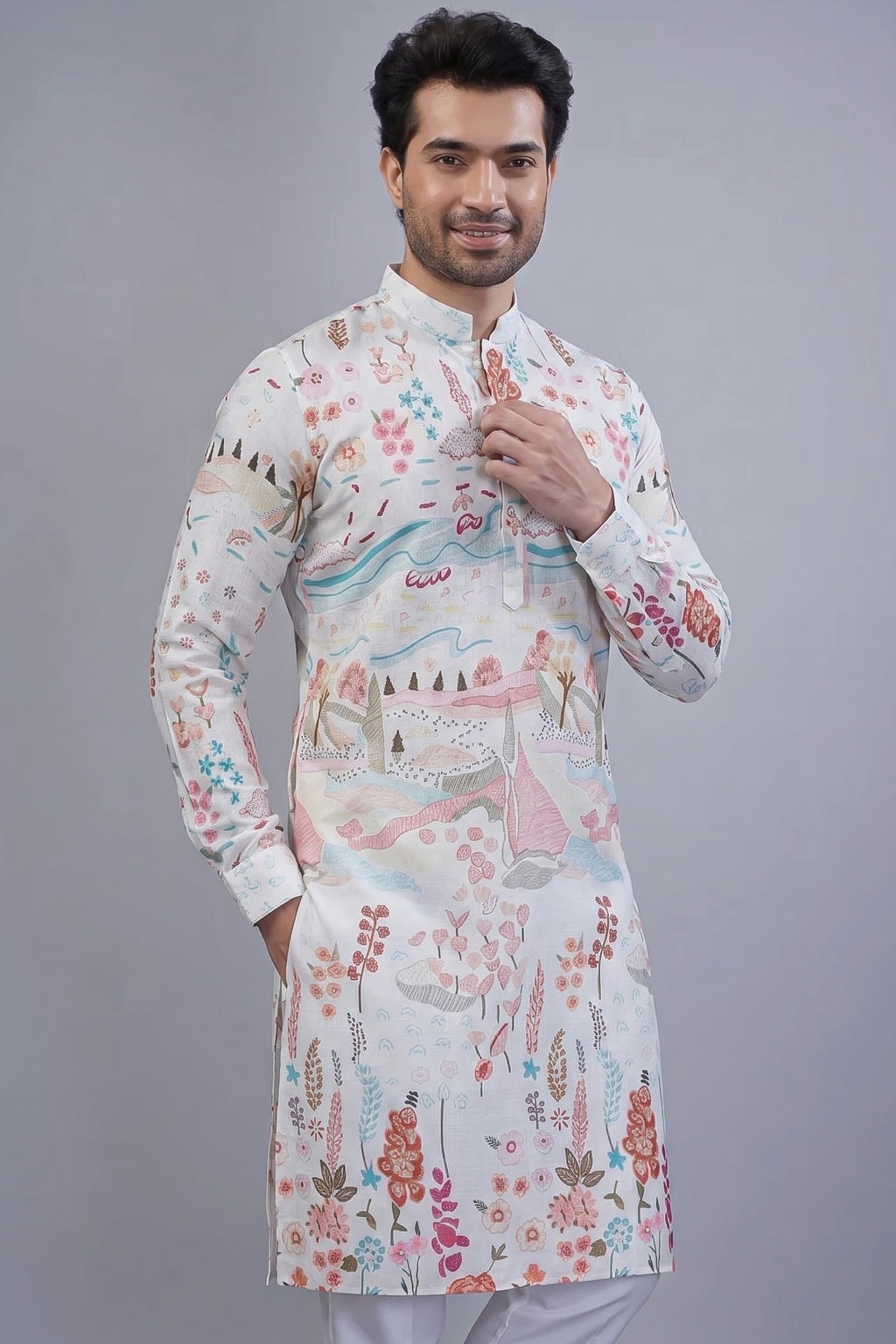 Pearl White Cotton Printed Kurta Pajama - white cotton saree