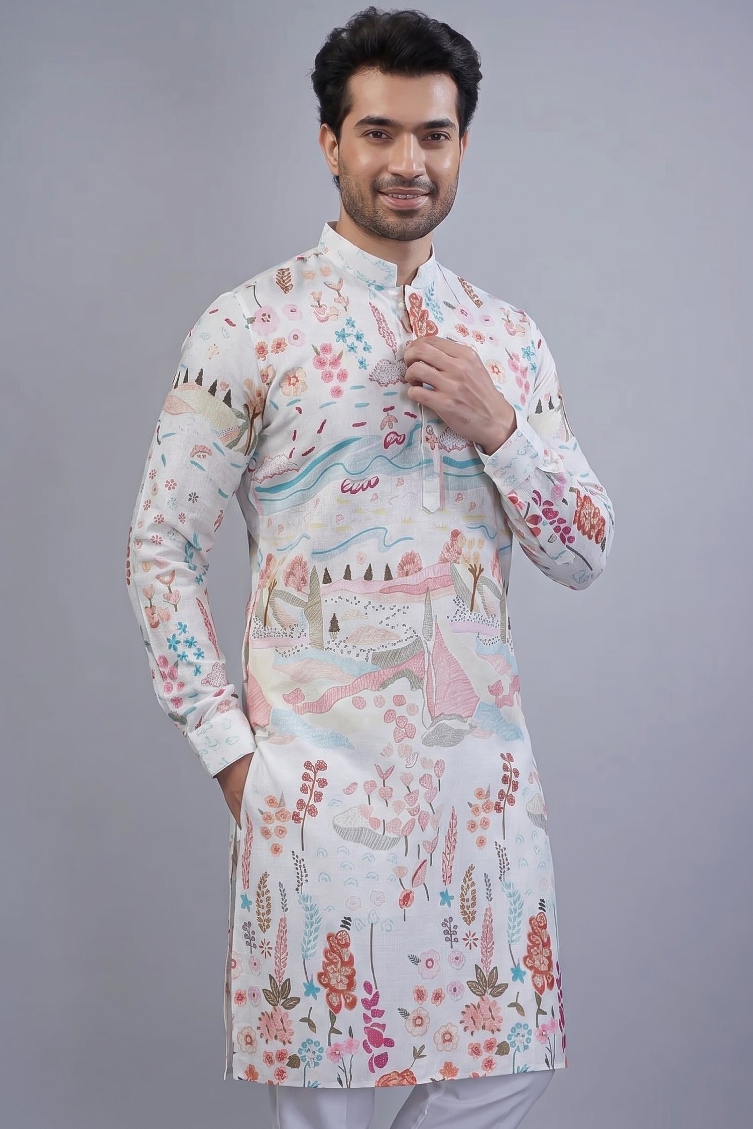 Pearl White Cotton Printed Kurta Pajama - white cotton saree