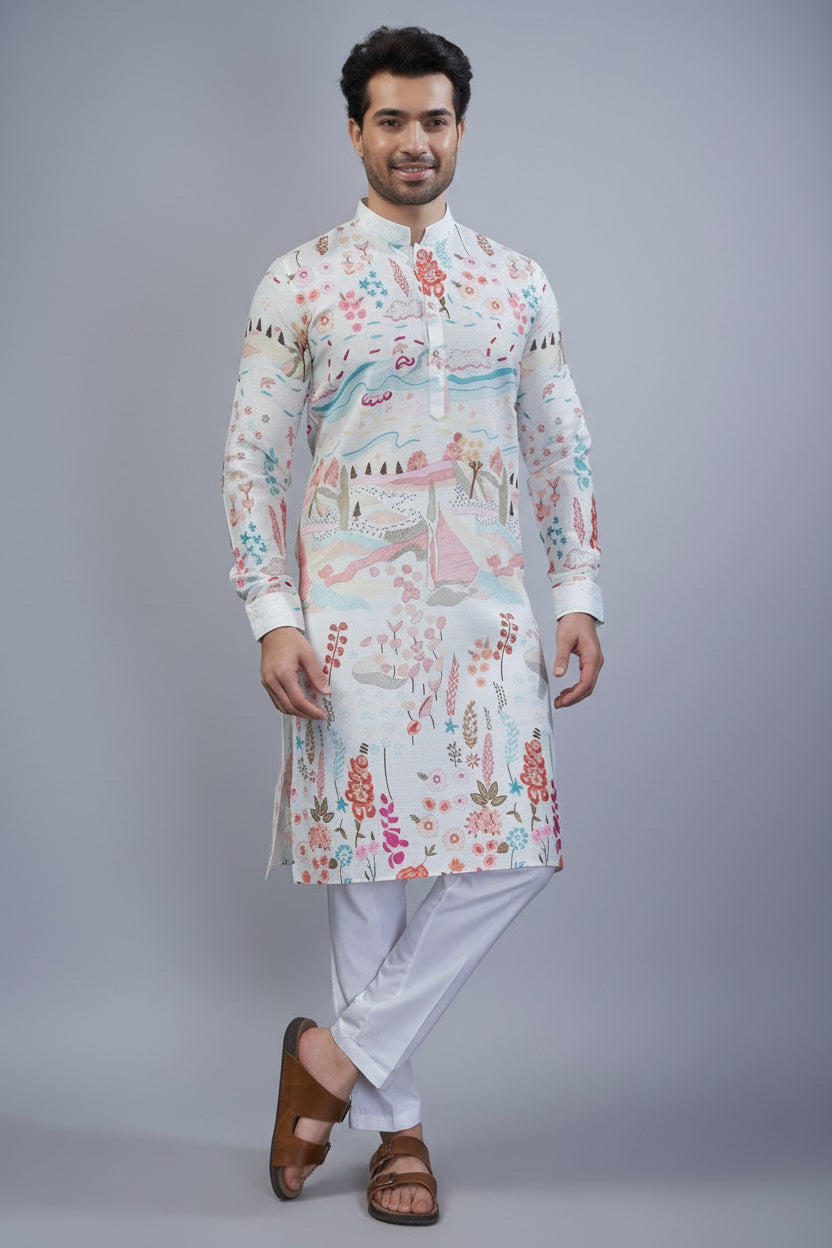 Pearl White Cotton Printed Kurta Pajama - white cotton saree