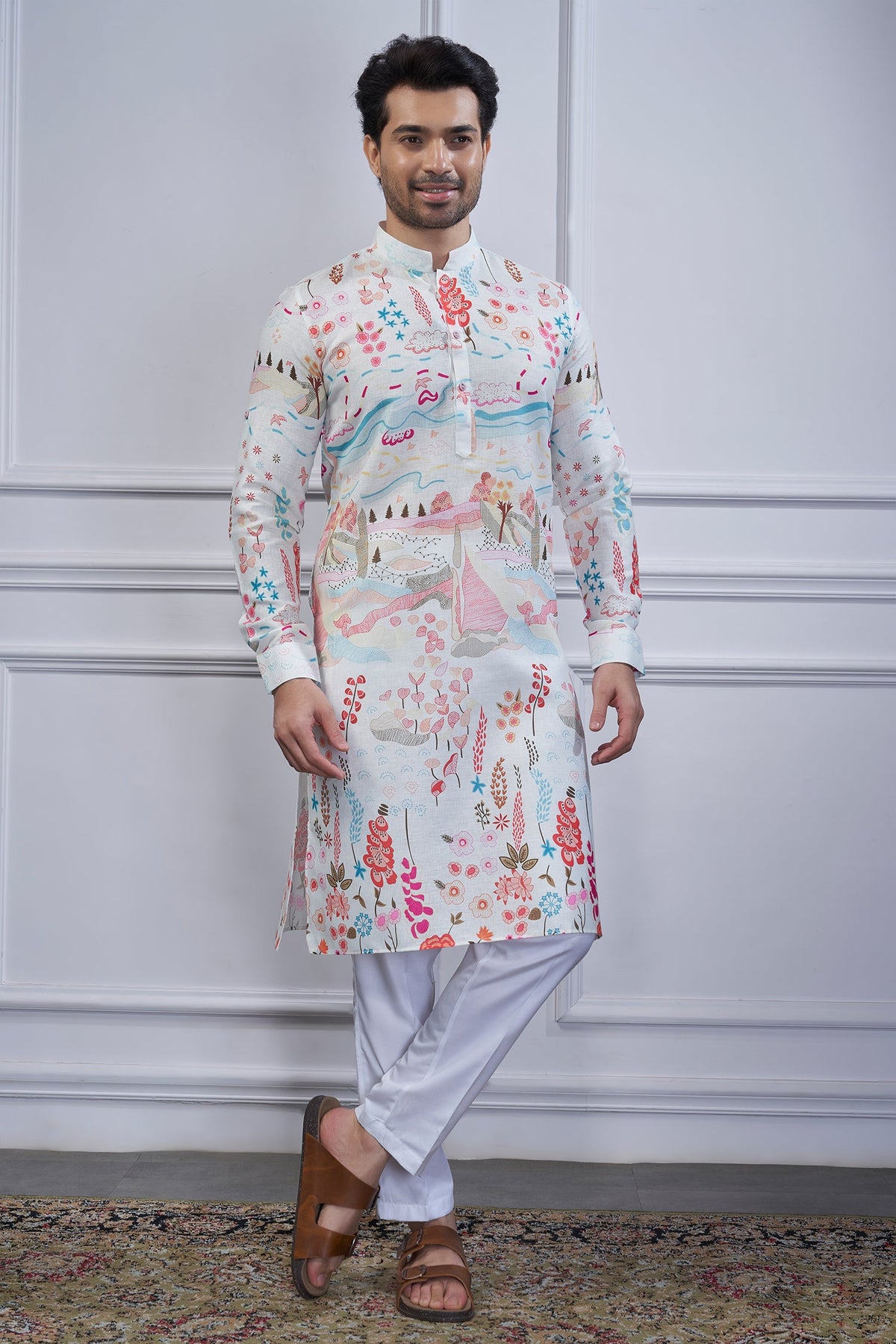 Pearl White Cotton Printed Kurta Pajama